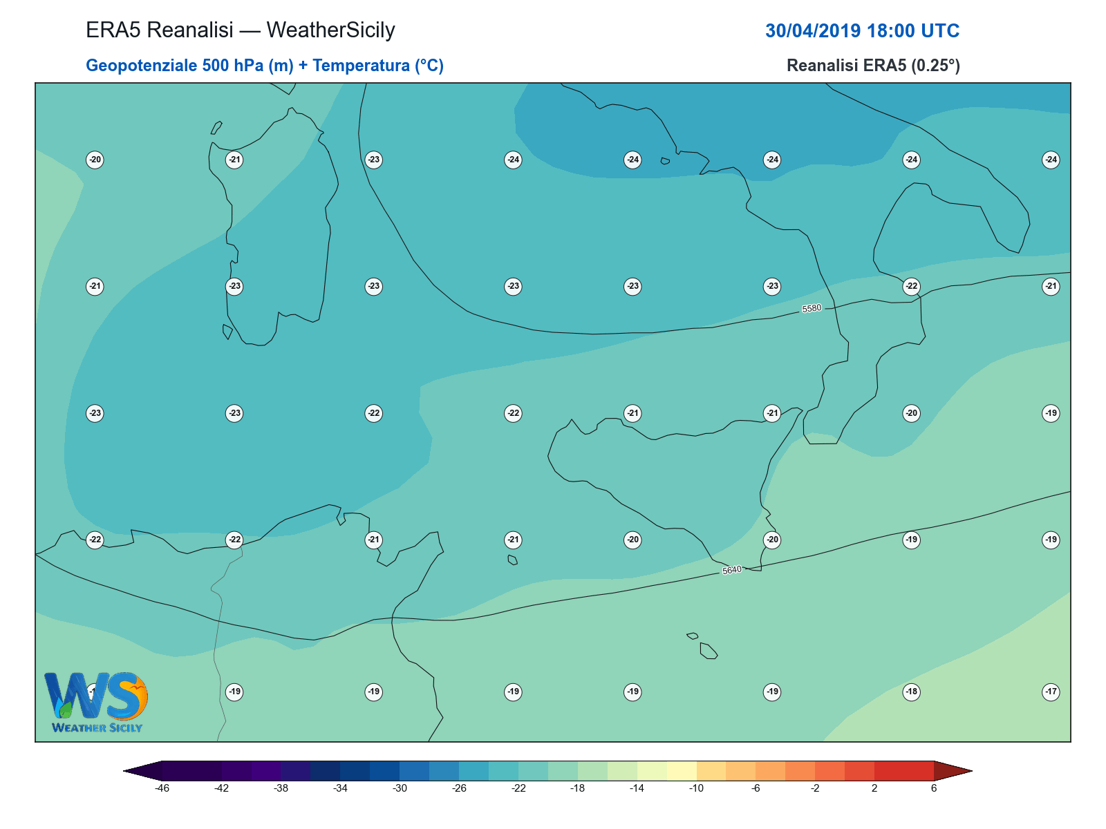 Geopotenziale 500 hPa + Temperatura · 2019043018