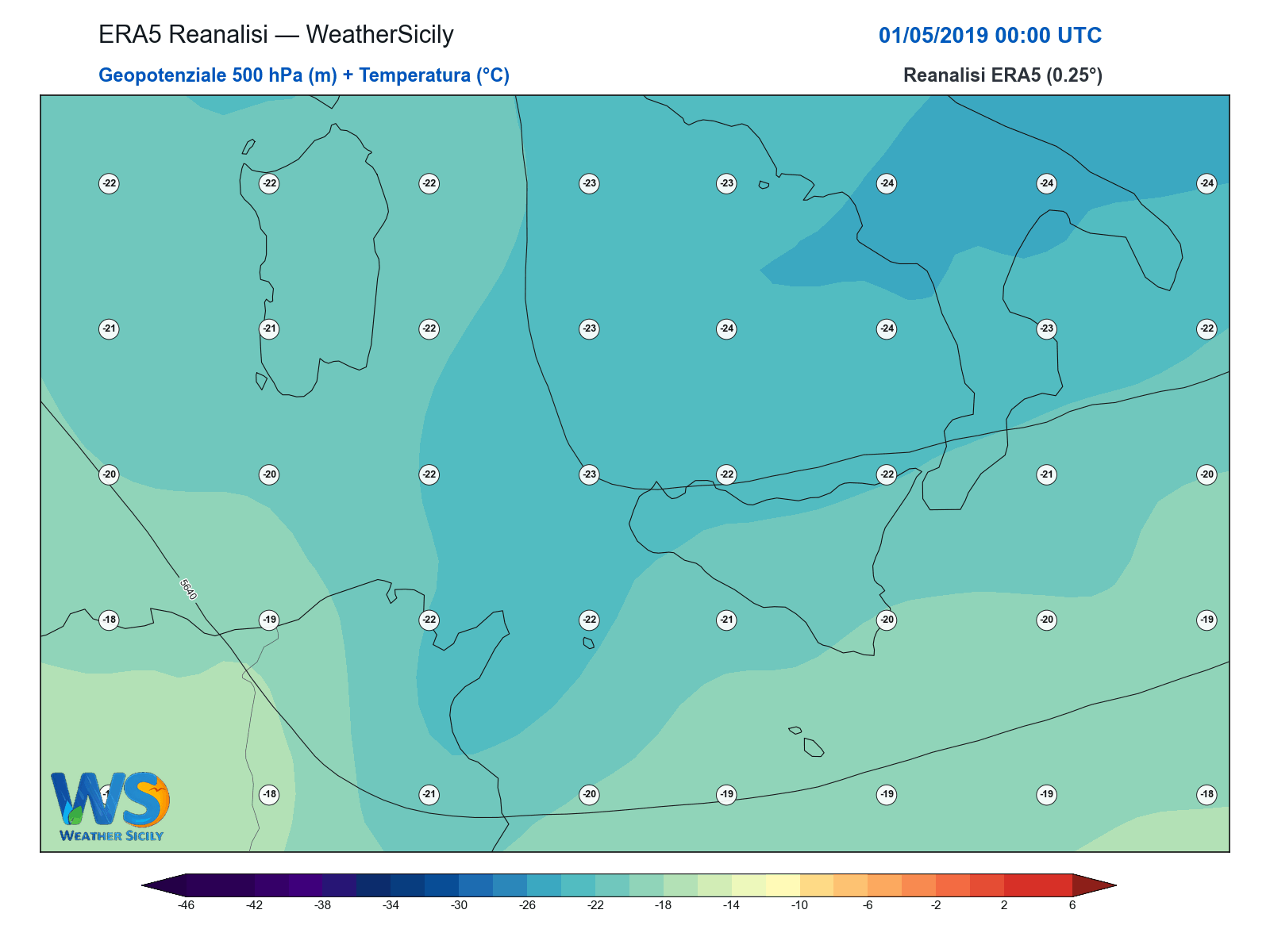 Geopotenziale 500 hPa + Temperatura · 2019050100