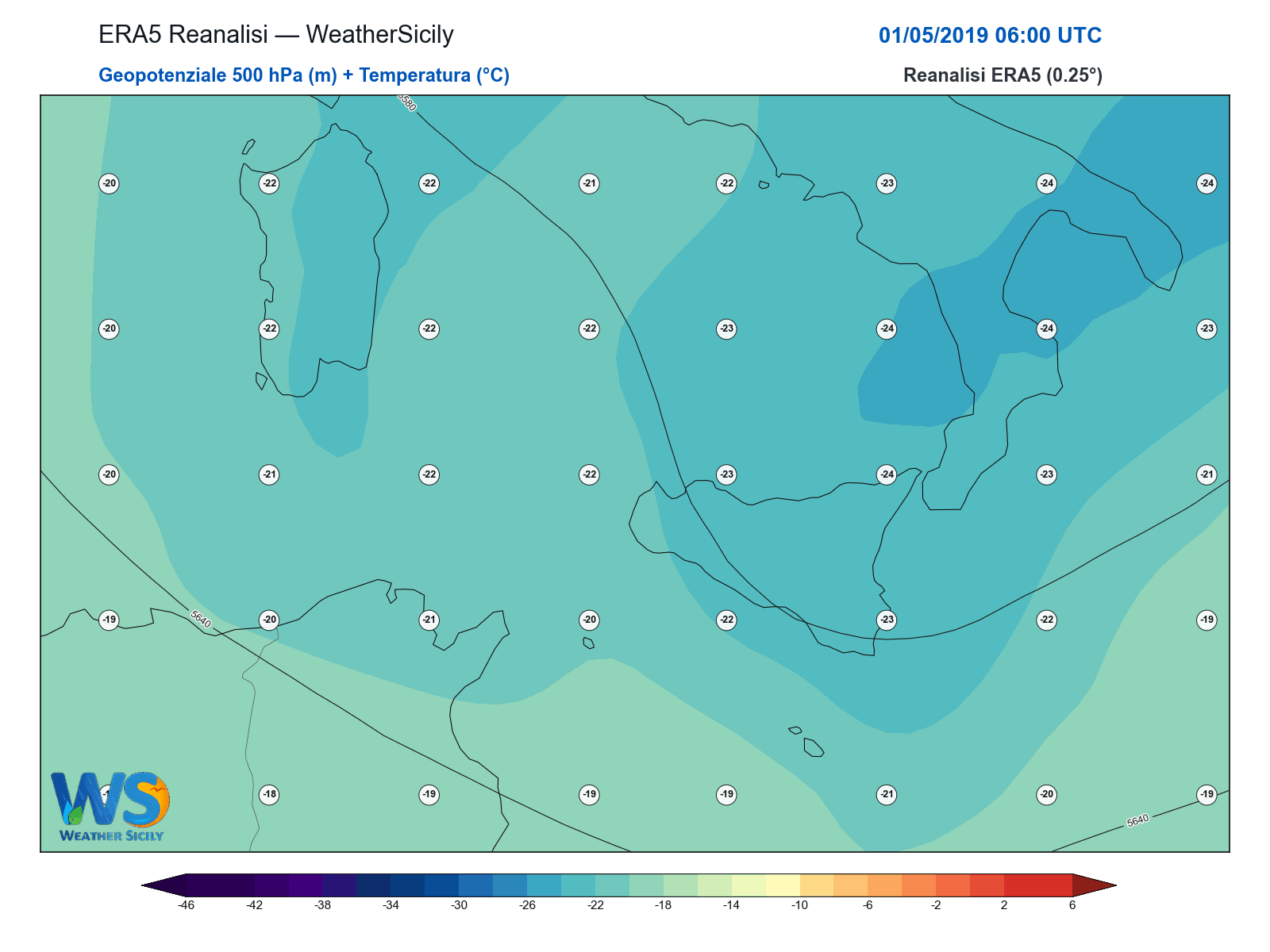 Geopotenziale 500 hPa + Temperatura · 2019050106