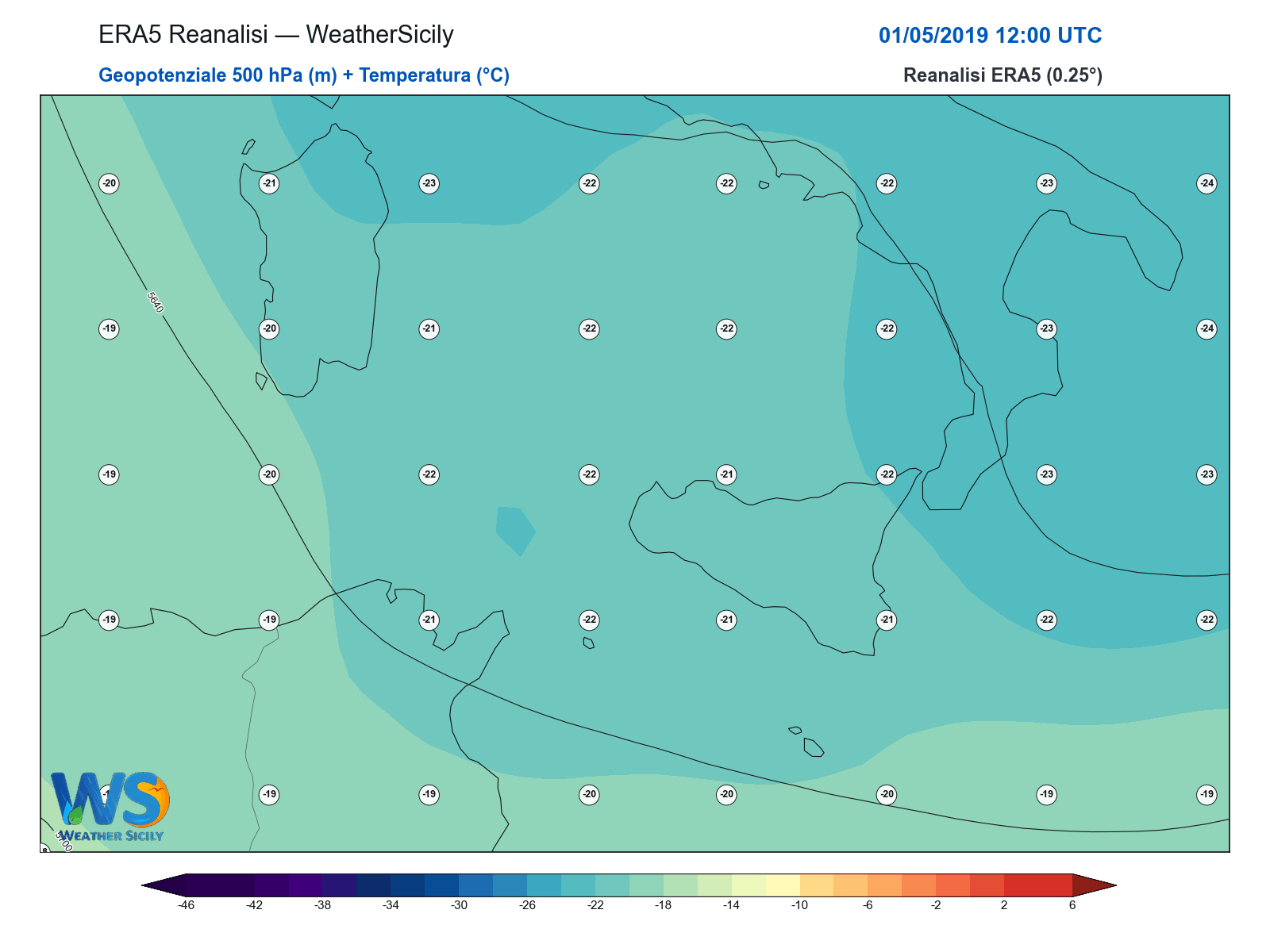 Geopotenziale 500 hPa + Temperatura · 2019050112