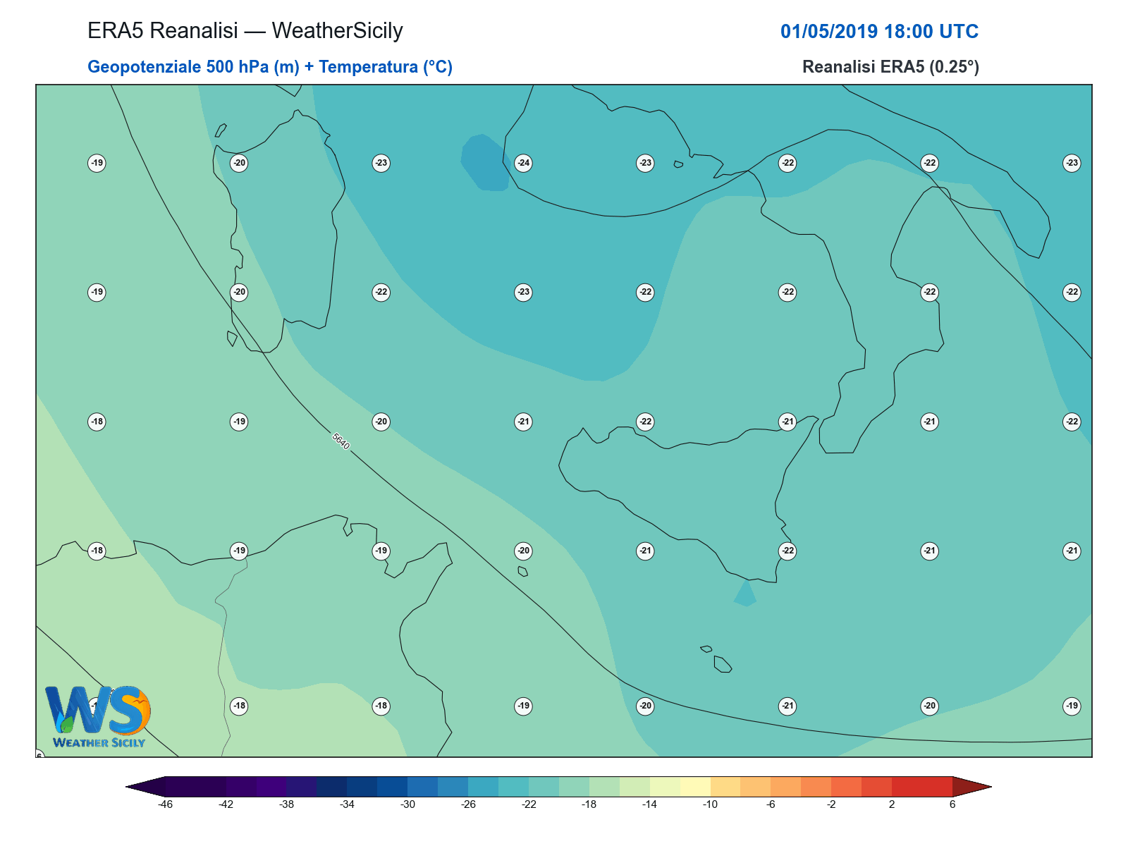 Geopotenziale 500 hPa + Temperatura · 2019050118
