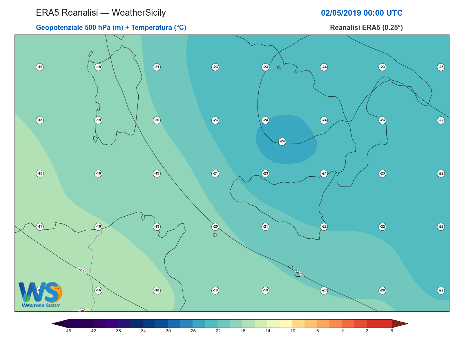 Geopotenziale 500 hPa + Temperatura · 2019050200