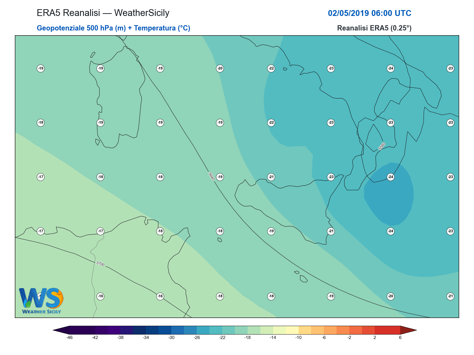 Geopotenziale 500 hPa + Temperatura · 2019050206