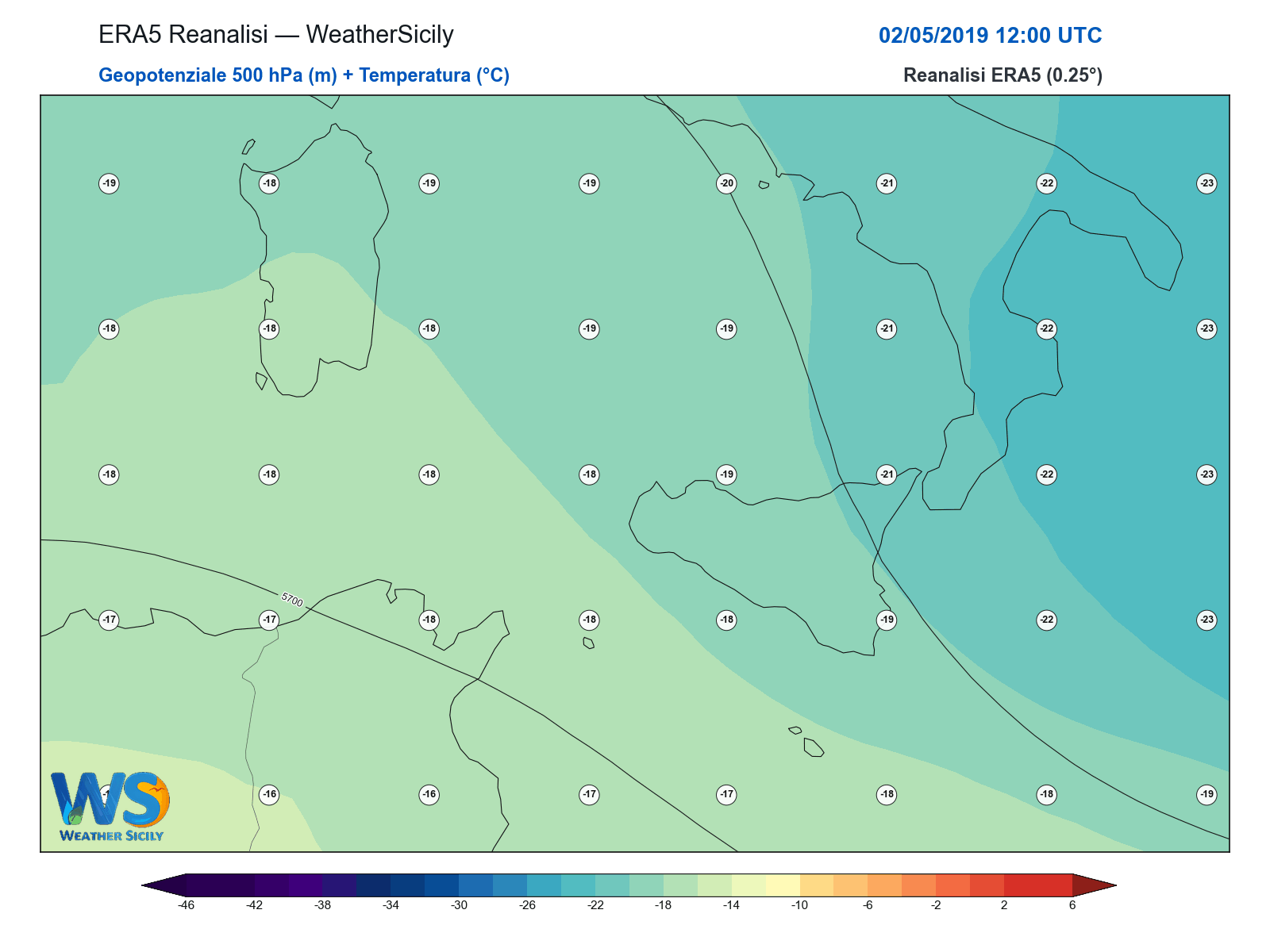 Geopotenziale 500 hPa + Temperatura · 2019050212