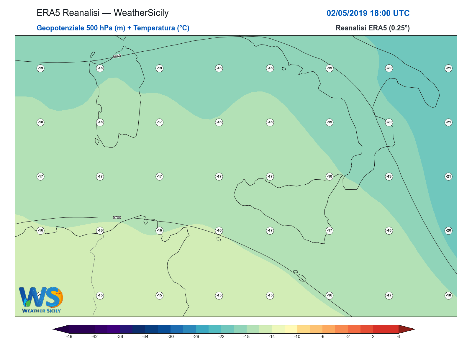 Geopotenziale 500 hPa + Temperatura · 2019050218