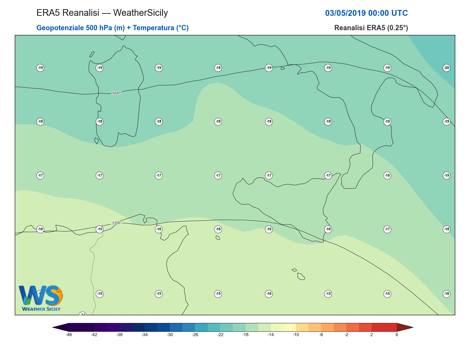 Geopotenziale 500 hPa + Temperatura · 2019050300