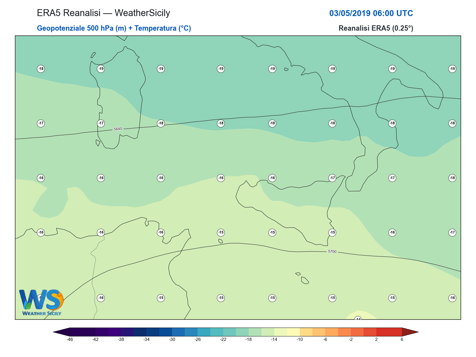 Geopotenziale 500 hPa + Temperatura · 2019050306