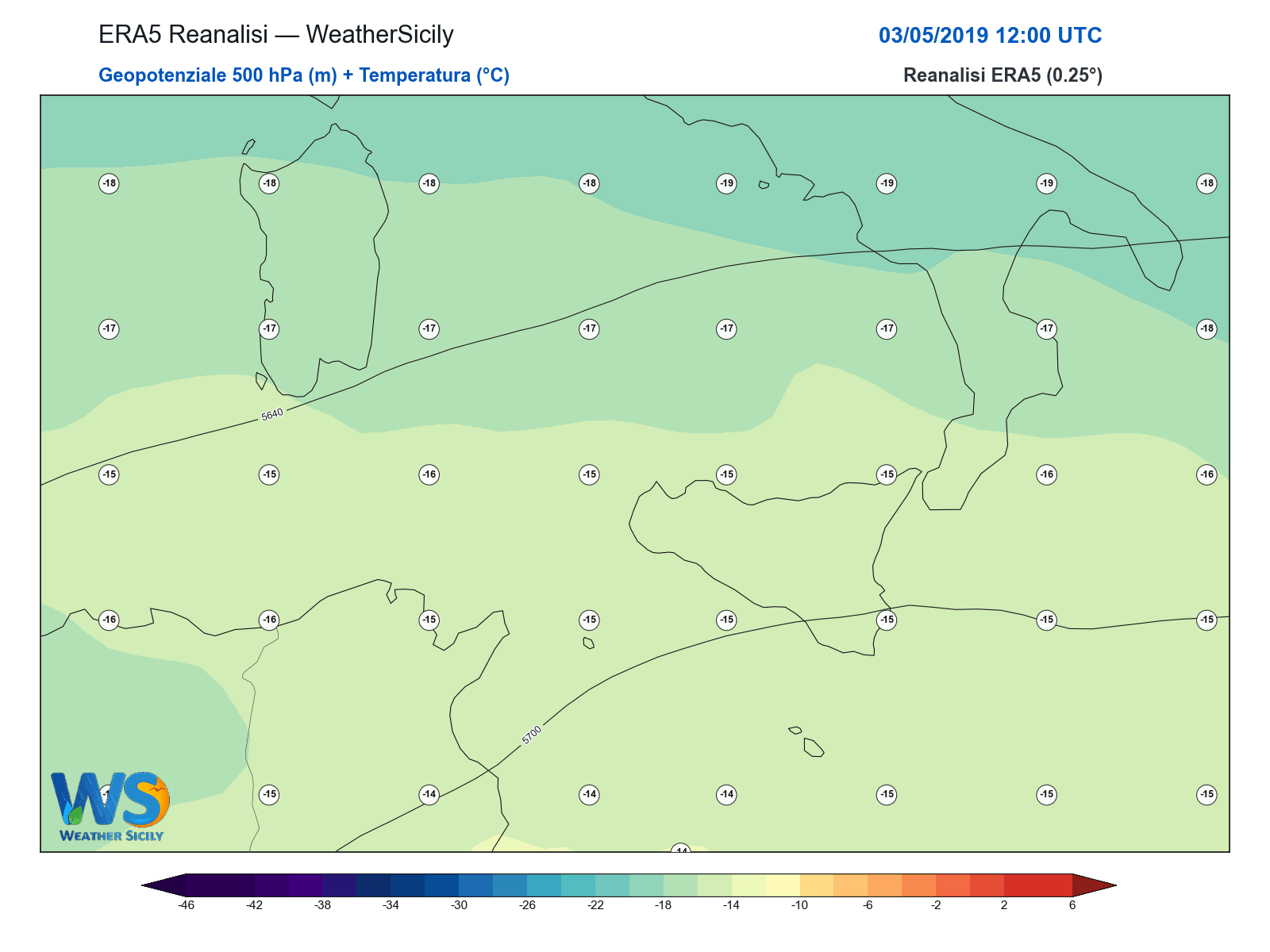 Geopotenziale 500 hPa + Temperatura · 2019050312