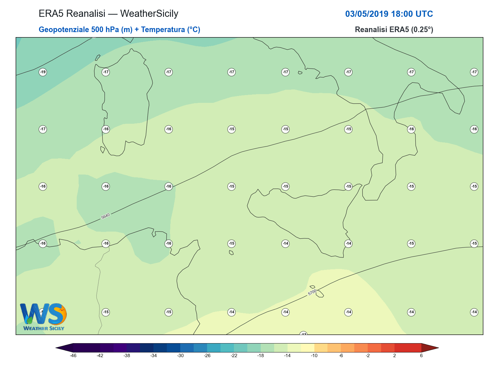 Geopotenziale 500 hPa + Temperatura · 2019050318