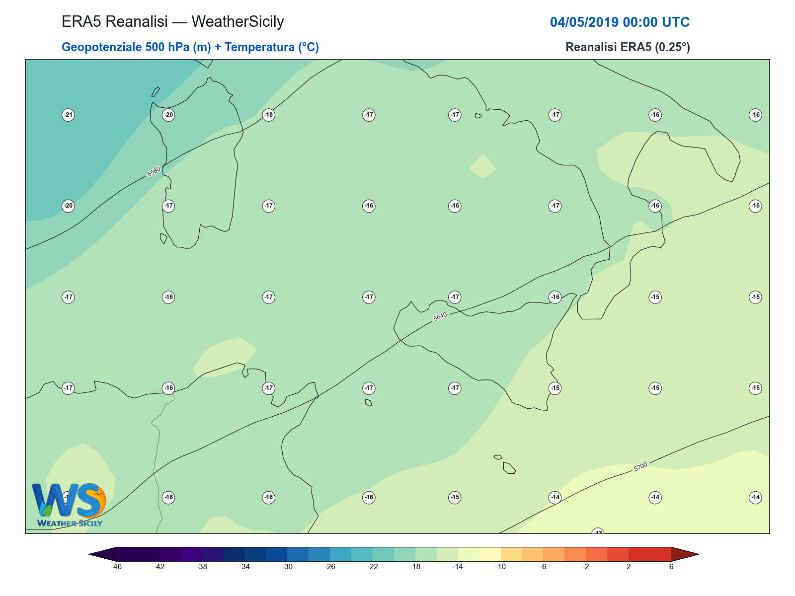 Geopotenziale 500 hPa + Temperatura · 2019050400