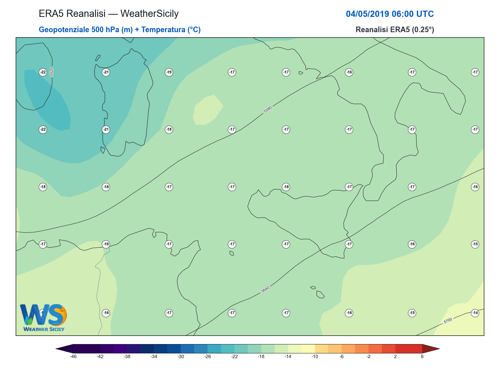 Geopotenziale 500 hPa + Temperatura · 2019050406