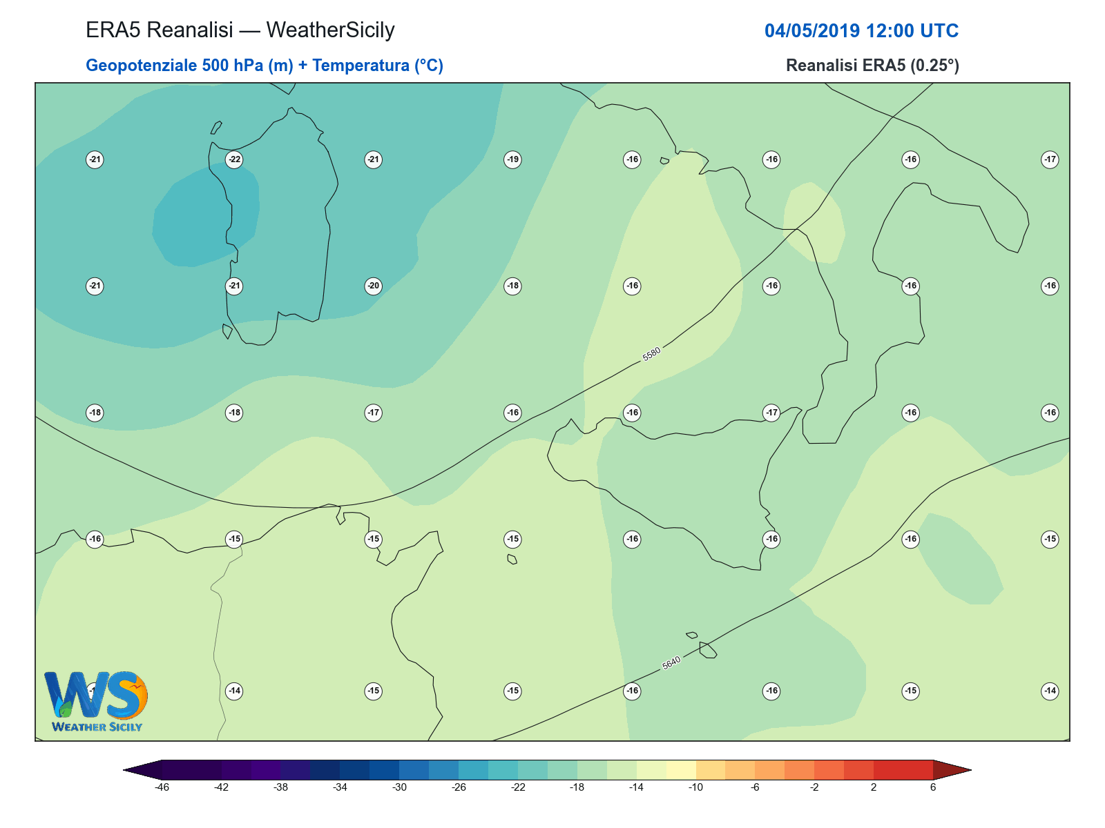 Geopotenziale 500 hPa + Temperatura · 2019050412