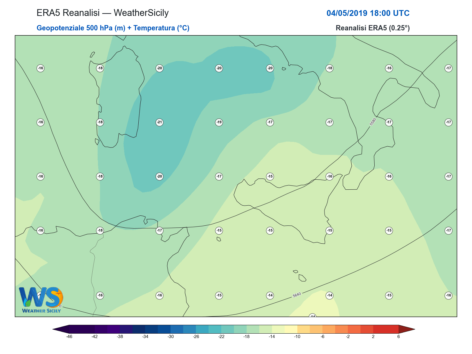 Geopotenziale 500 hPa + Temperatura · 2019050418