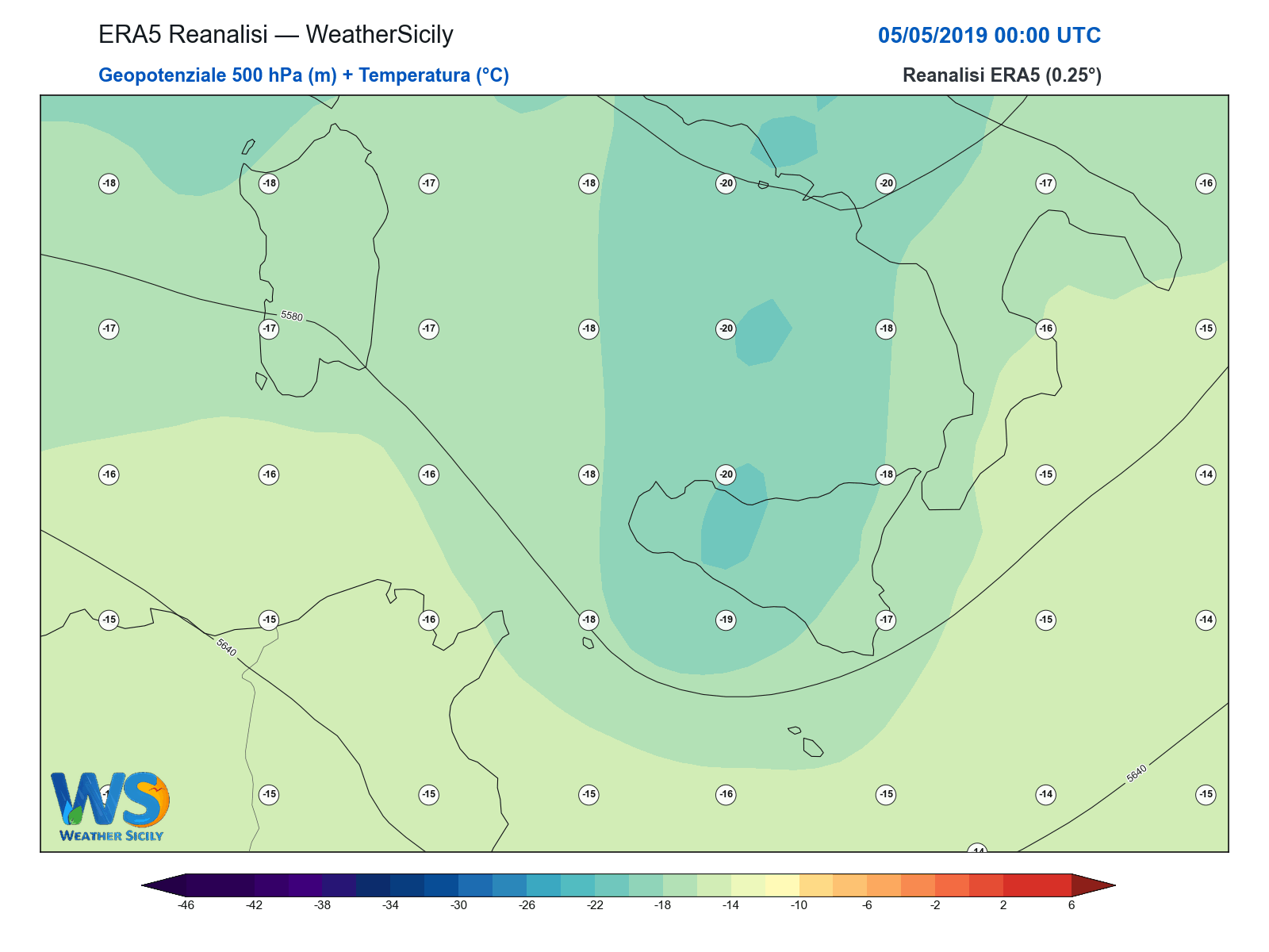 Geopotenziale 500 hPa + Temperatura · 2019050500