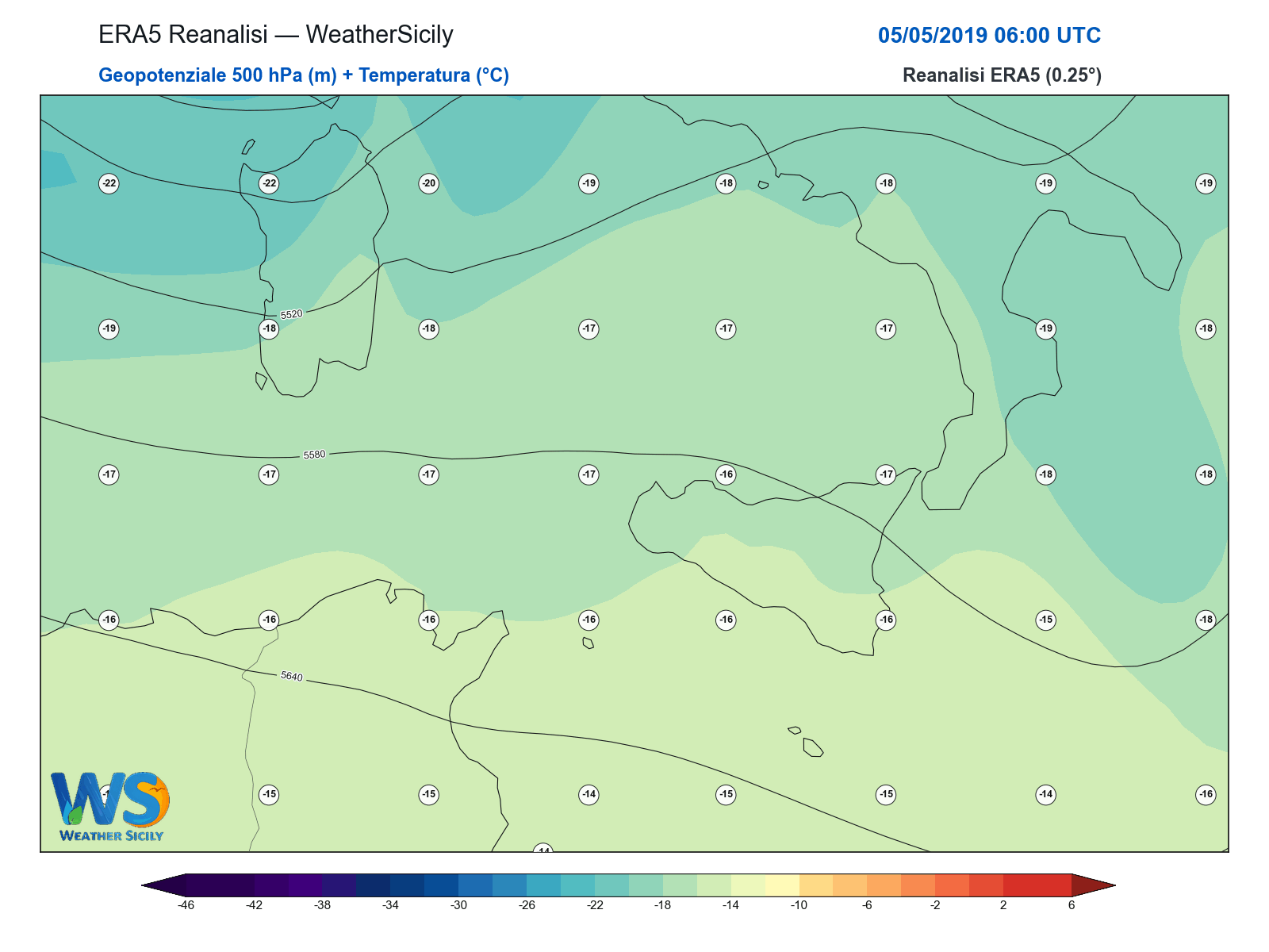 Geopotenziale 500 hPa + Temperatura · 2019050506