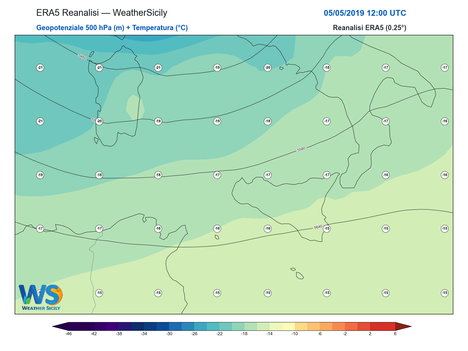 Geopotenziale 500 hPa + Temperatura · 2019050512