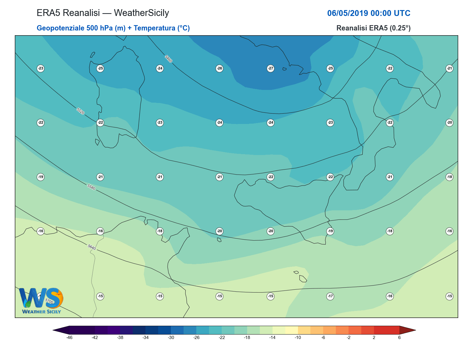 Geopotenziale 500 hPa + Temperatura · 2019050600