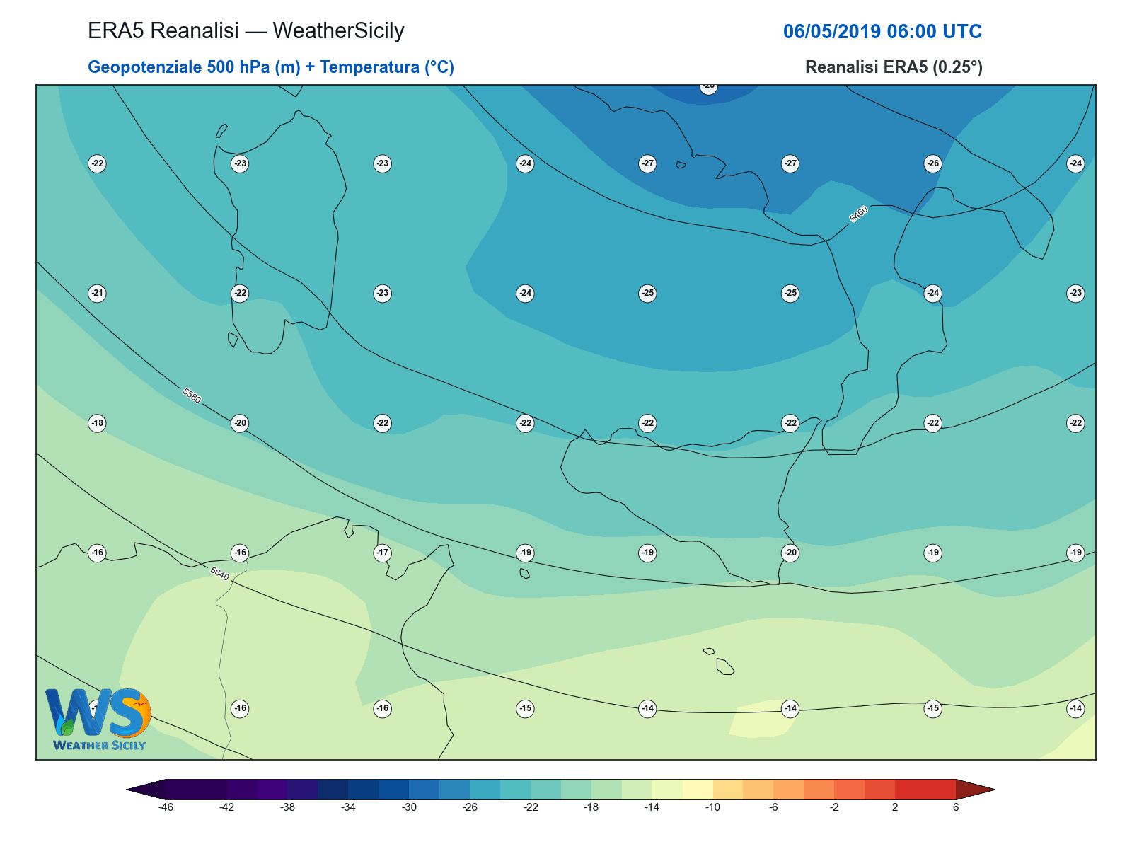 Geopotenziale 500 hPa + Temperatura · 2019050606