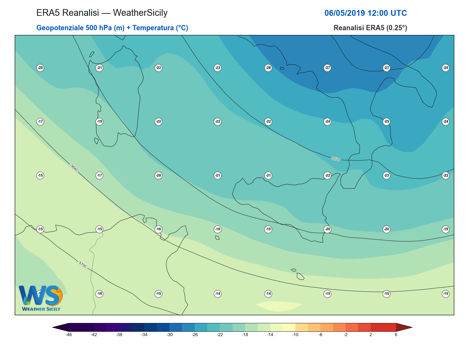 Geopotenziale 500 hPa + Temperatura · 2019050612