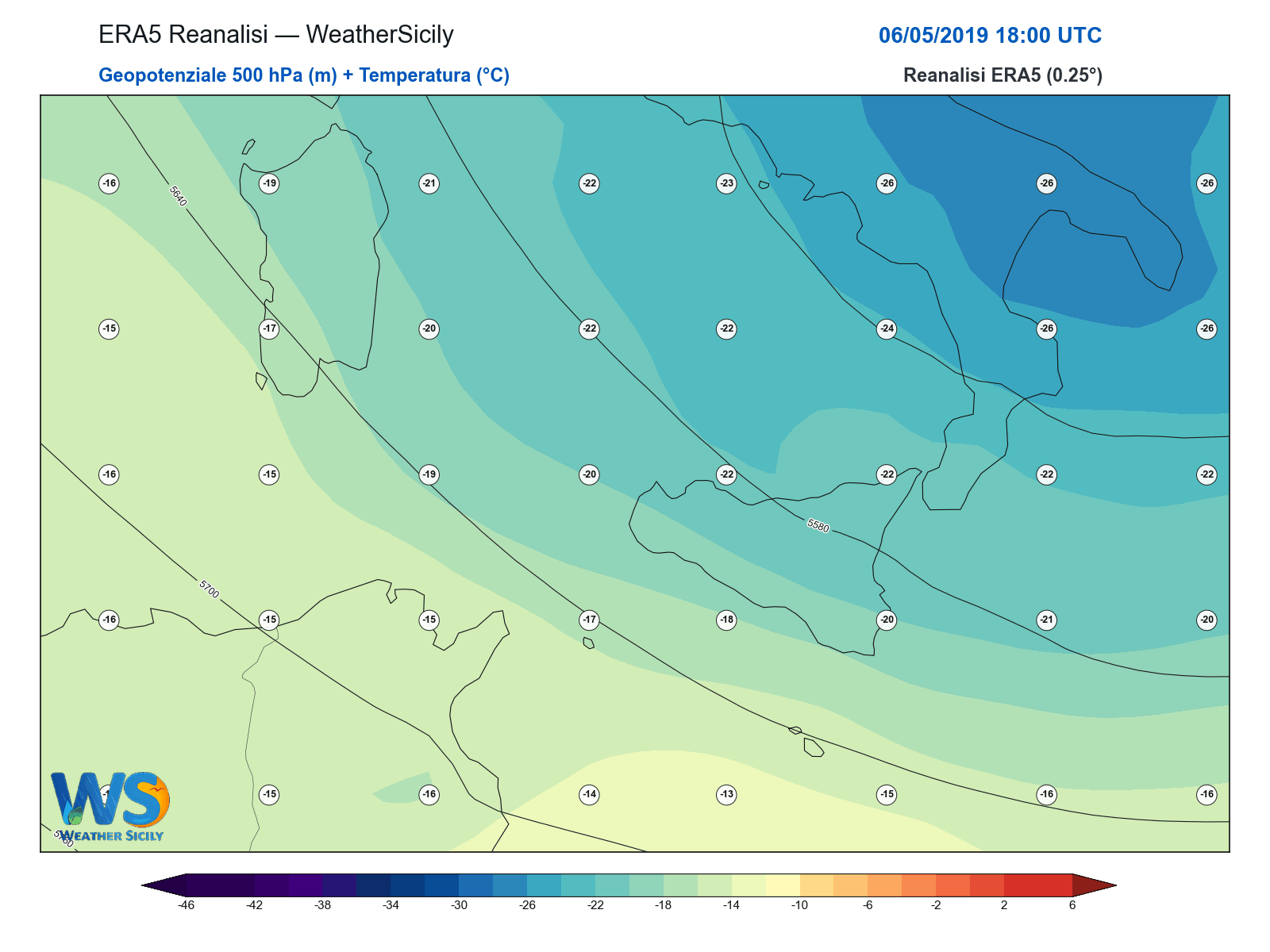 Geopotenziale 500 hPa + Temperatura · 2019050618