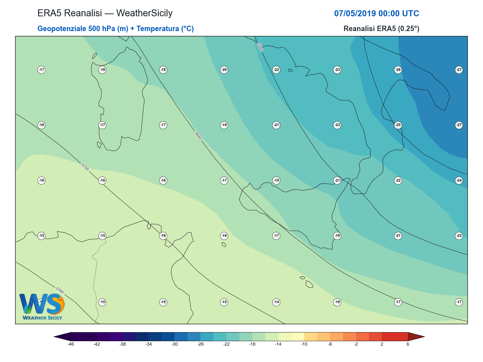 Geopotenziale 500 hPa + Temperatura · 2019050700