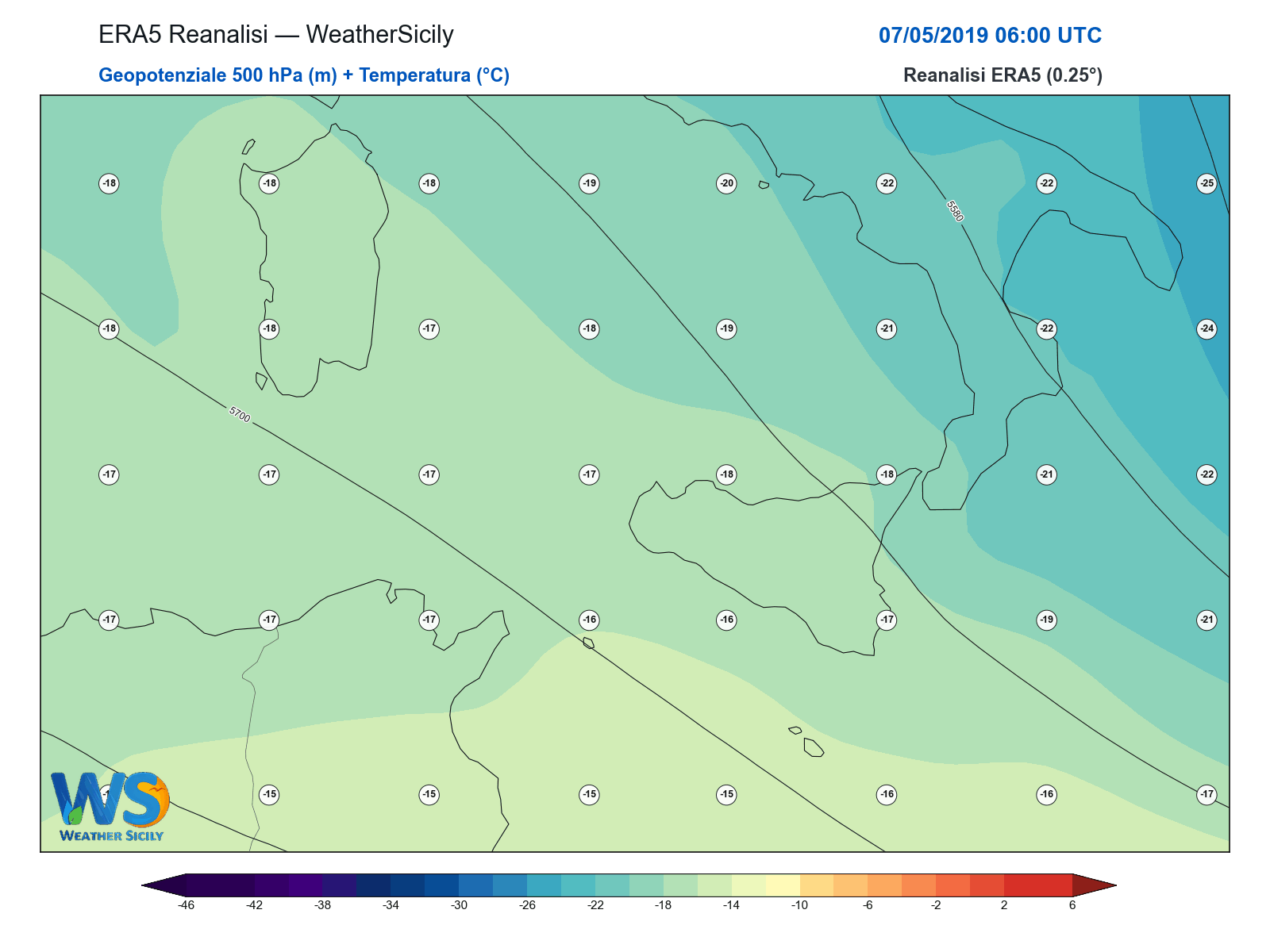 Geopotenziale 500 hPa + Temperatura · 2019050706