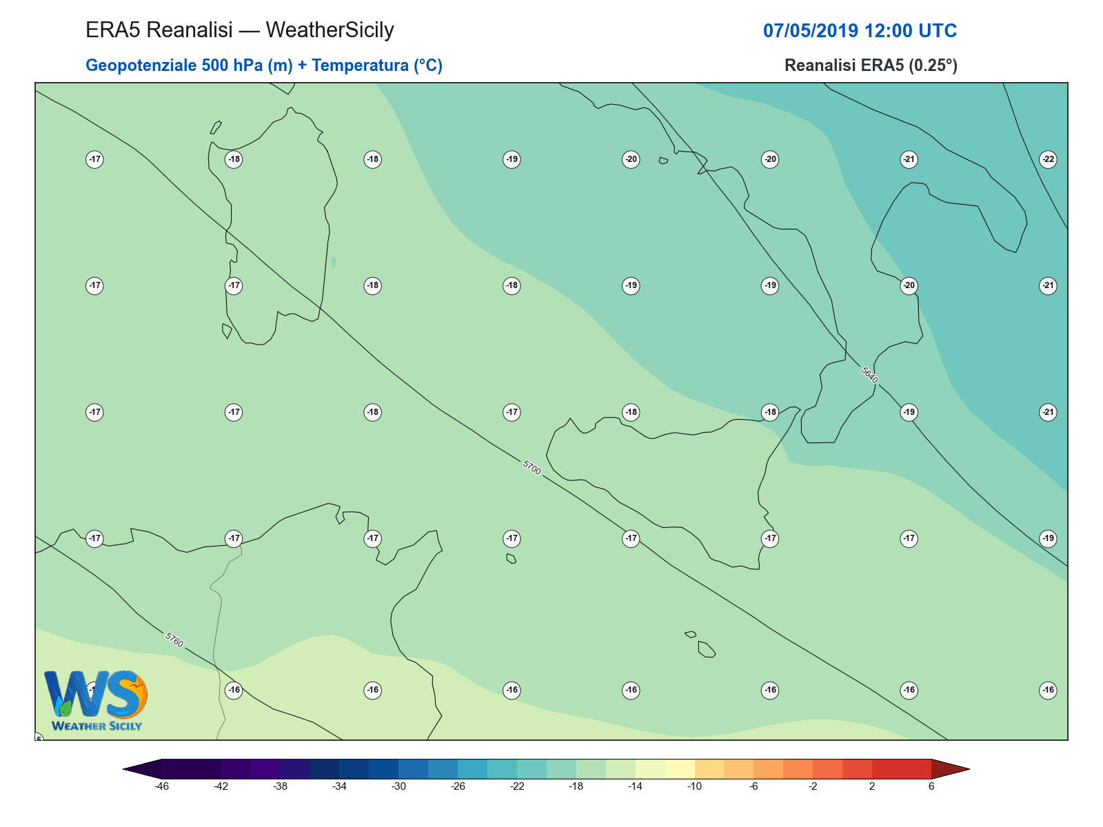 Geopotenziale 500 hPa + Temperatura · 2019050712