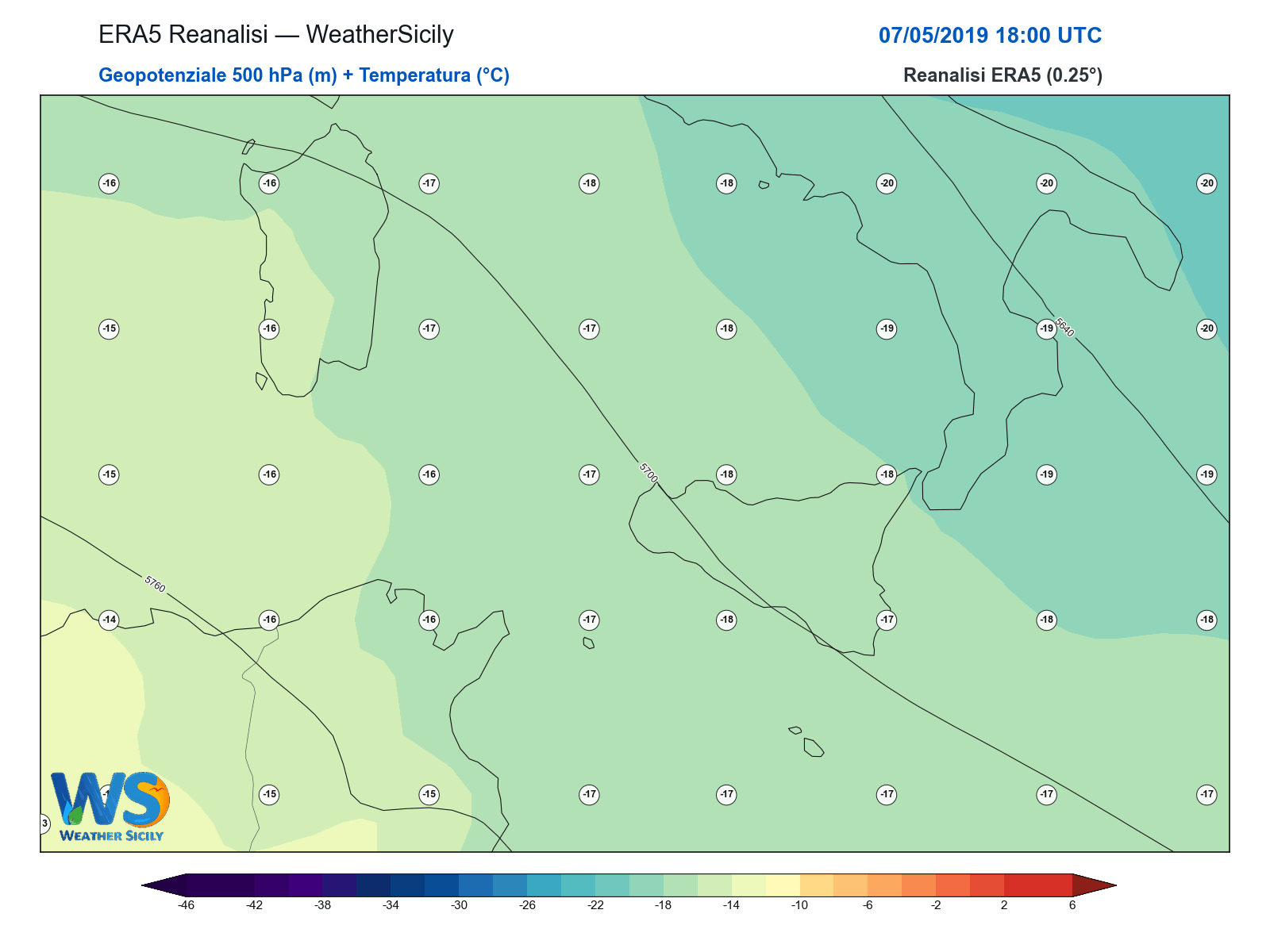Geopotenziale 500 hPa + Temperatura · 2019050718