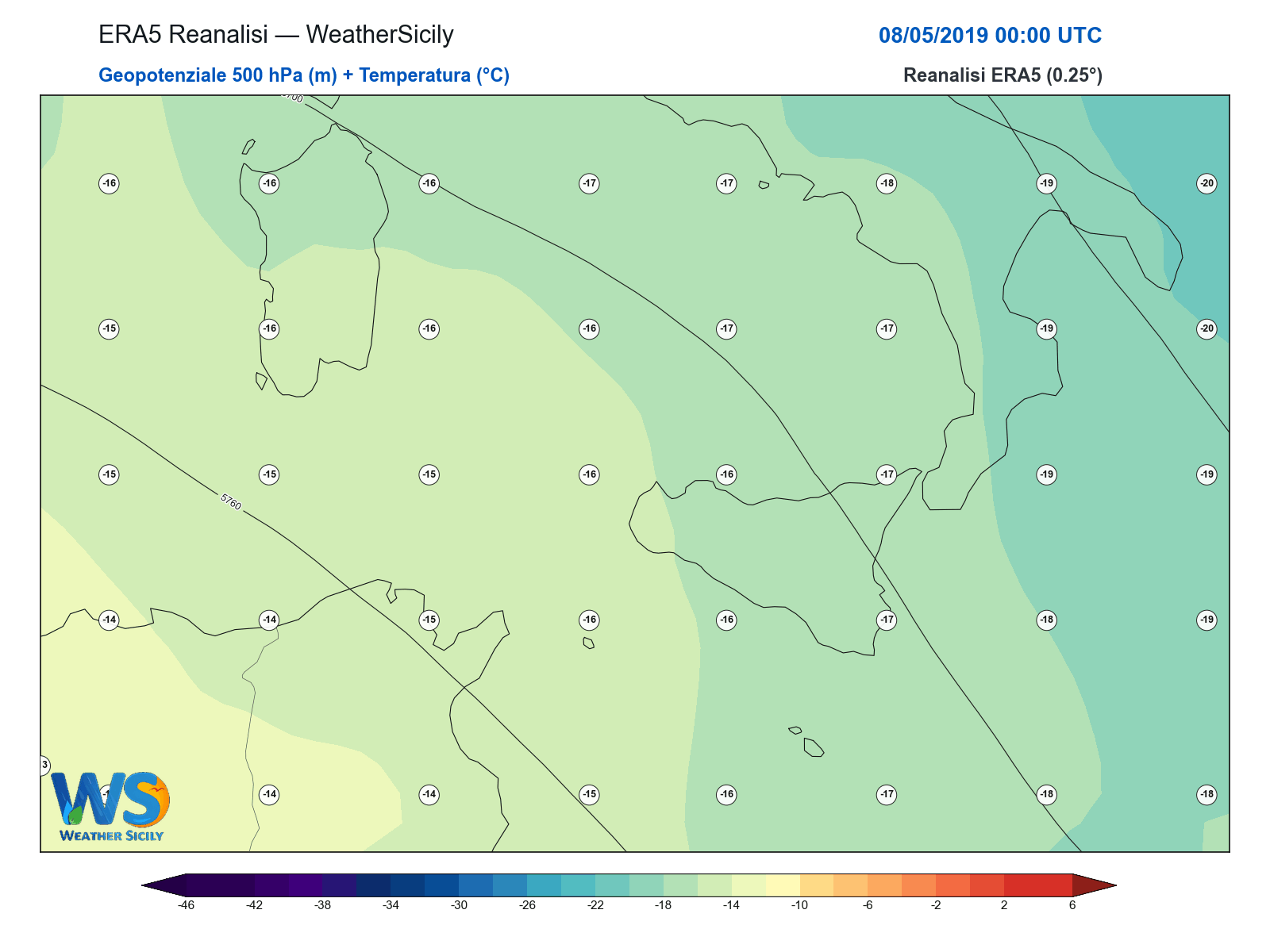 Geopotenziale 500 hPa + Temperatura · 2019050800