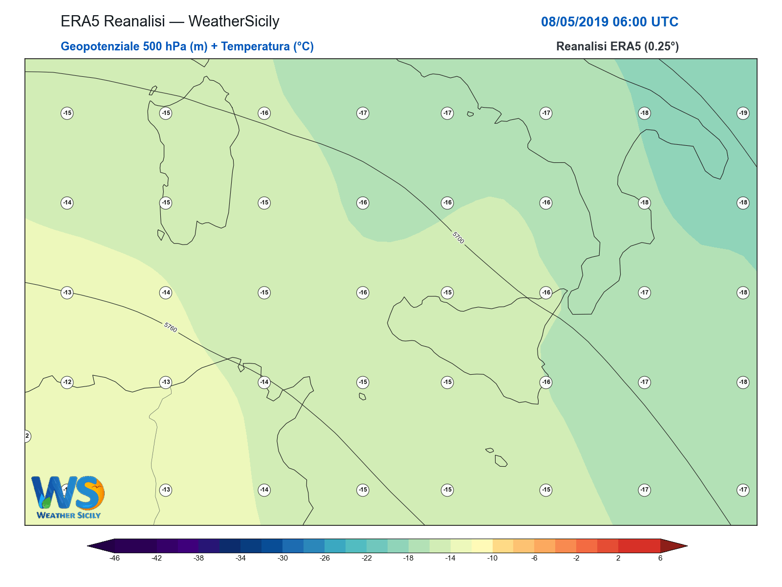 Geopotenziale 500 hPa + Temperatura · 2019050806