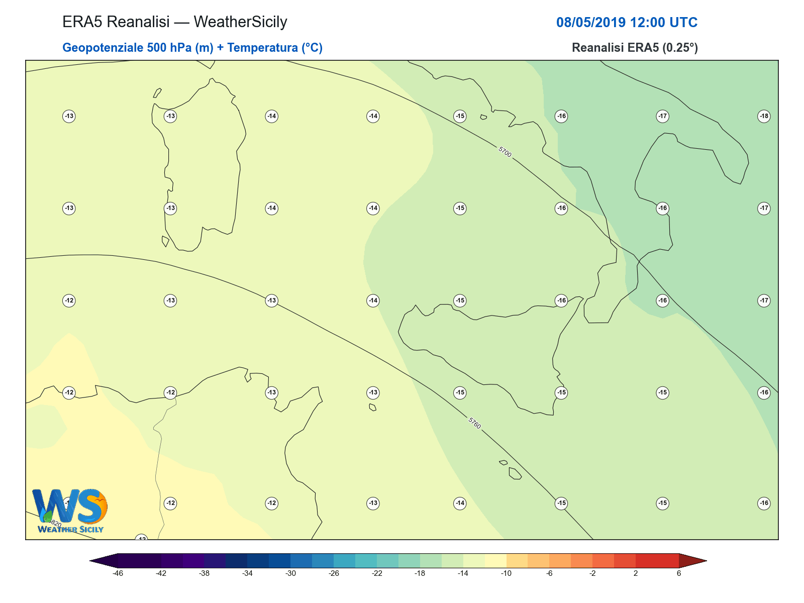 Geopotenziale 500 hPa + Temperatura · 2019050812