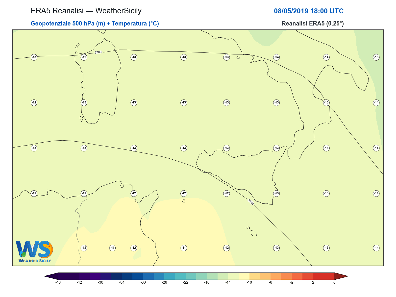 Geopotenziale 500 hPa + Temperatura · 2019050818