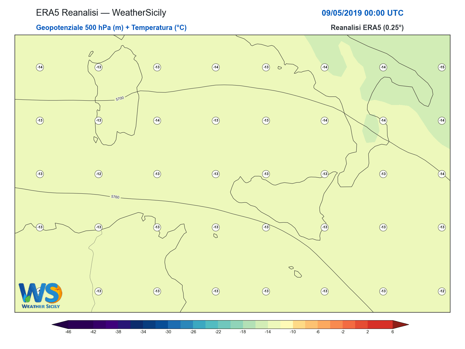 Geopotenziale 500 hPa + Temperatura · 2019050900