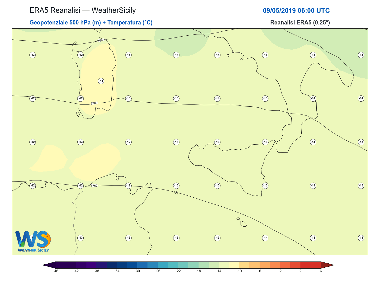 Geopotenziale 500 hPa + Temperatura · 2019050906