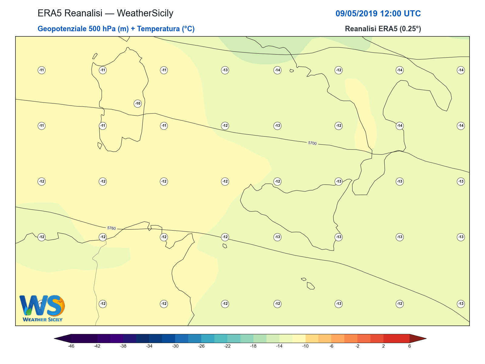 Geopotenziale 500 hPa + Temperatura · 2019050912