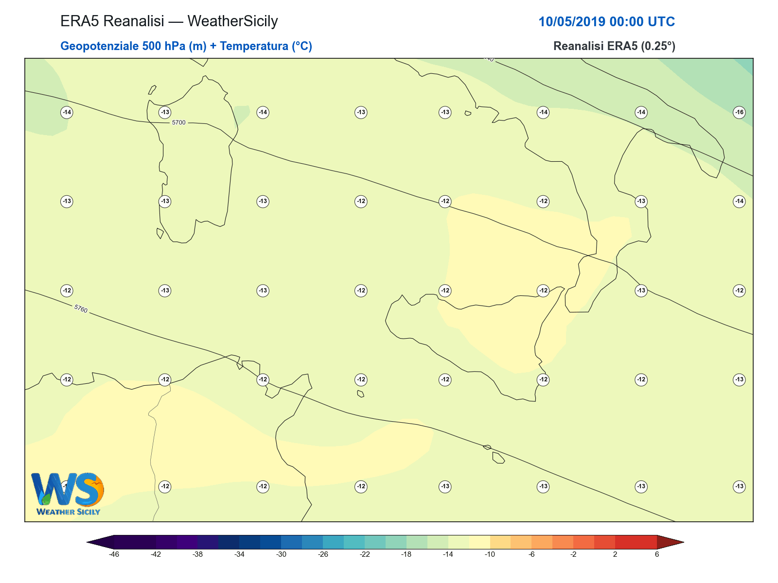 Geopotenziale 500 hPa + Temperatura · 2019051000