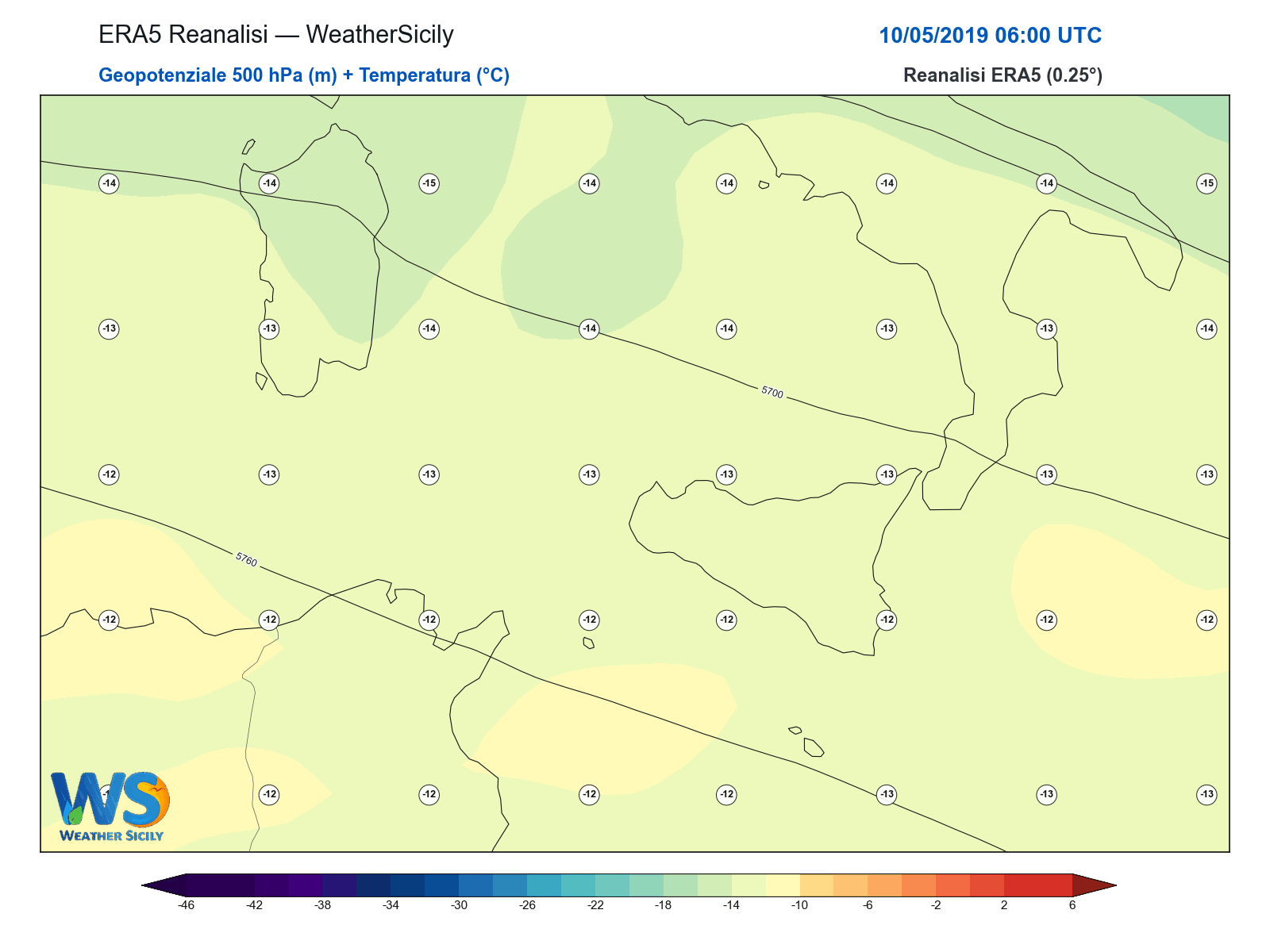 Geopotenziale 500 hPa + Temperatura · 2019051006