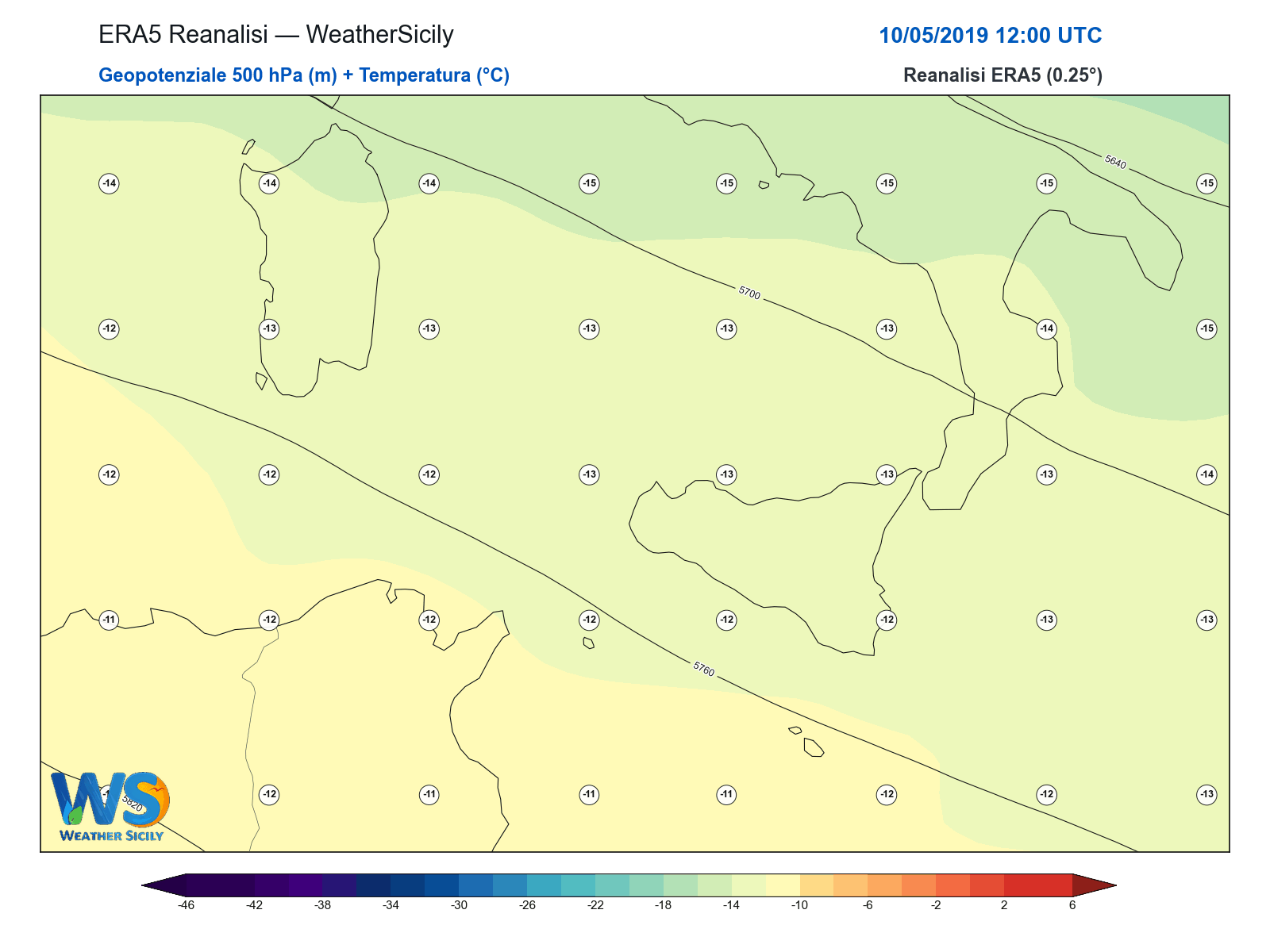 Geopotenziale 500 hPa + Temperatura · 2019051012