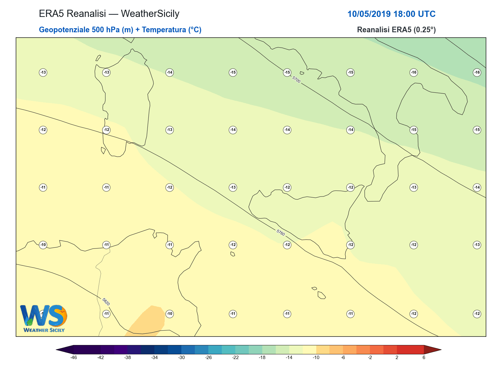 Geopotenziale 500 hPa + Temperatura · 2019051018
