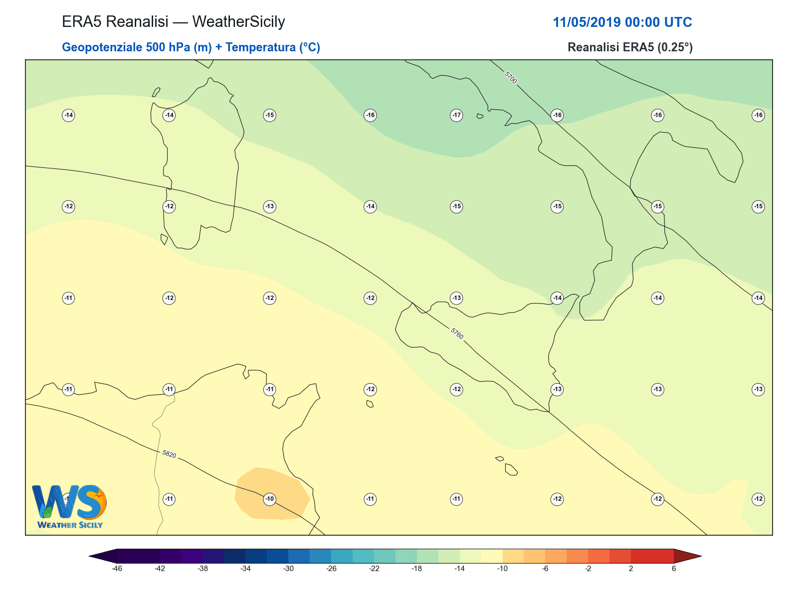 Geopotenziale 500 hPa + Temperatura · 2019051100