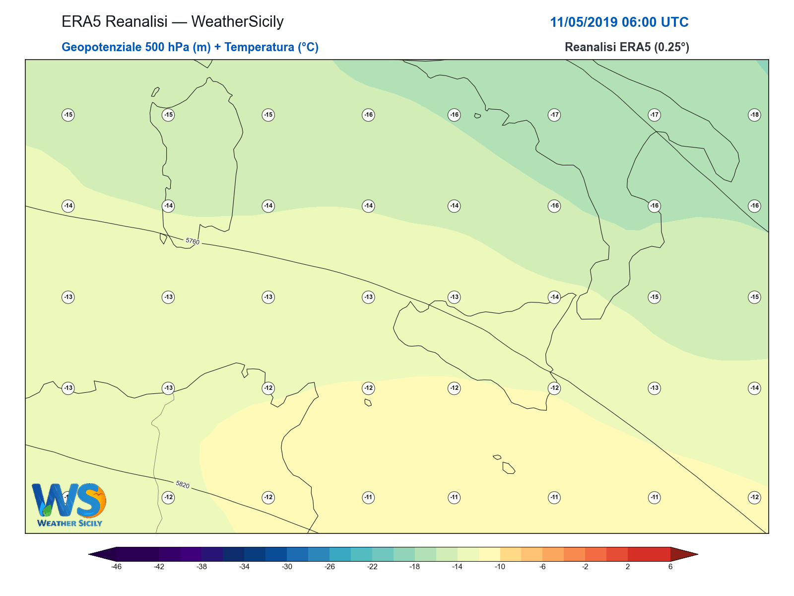 Geopotenziale 500 hPa + Temperatura · 2019051106