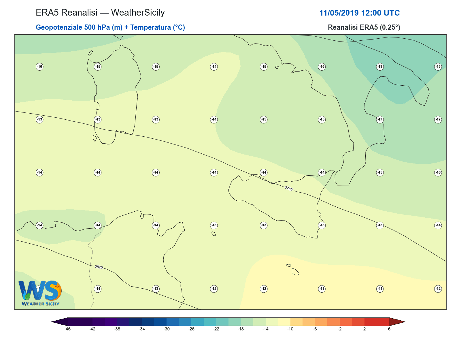 Geopotenziale 500 hPa + Temperatura · 2019051112