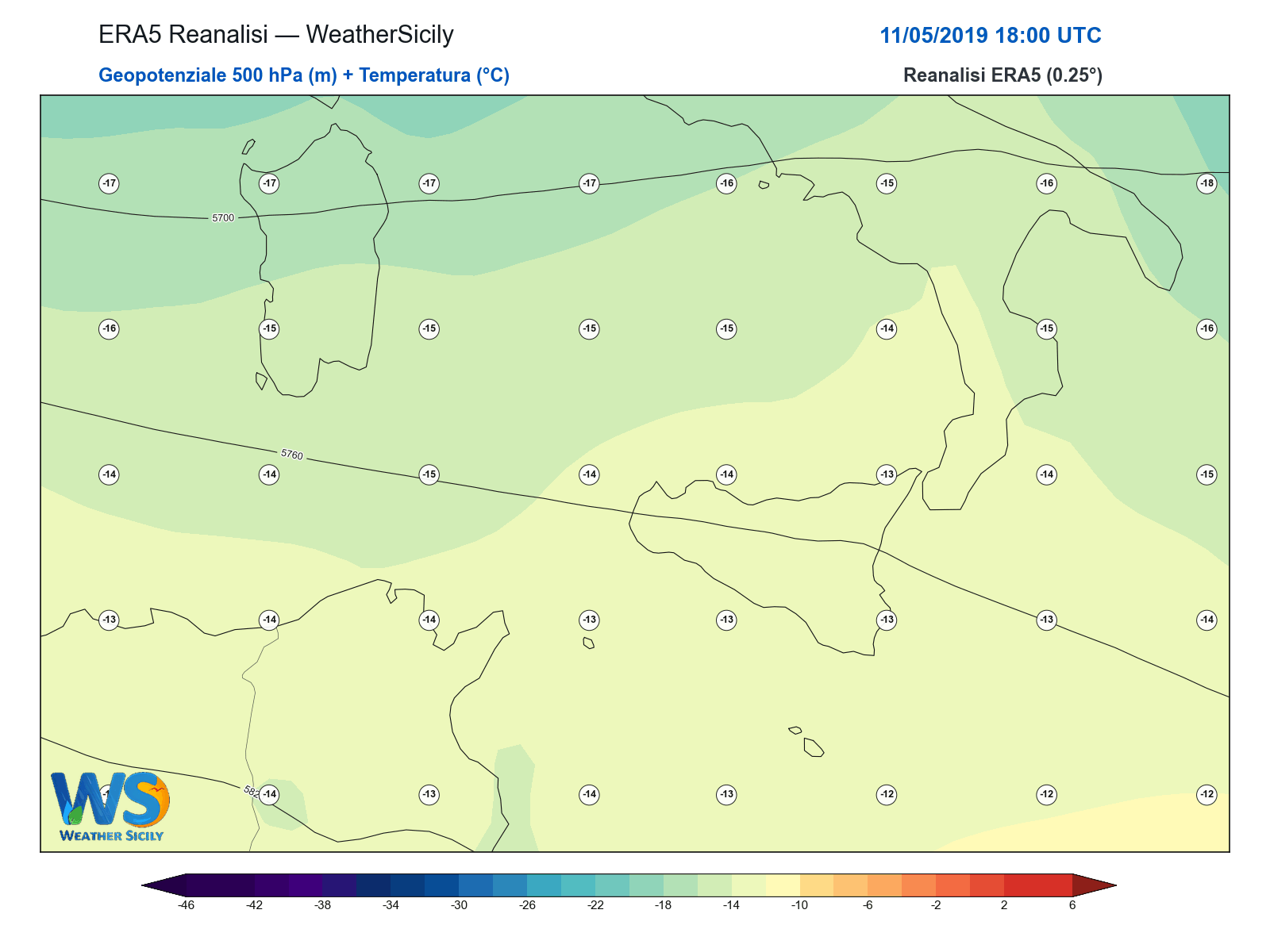 Geopotenziale 500 hPa + Temperatura · 2019051118