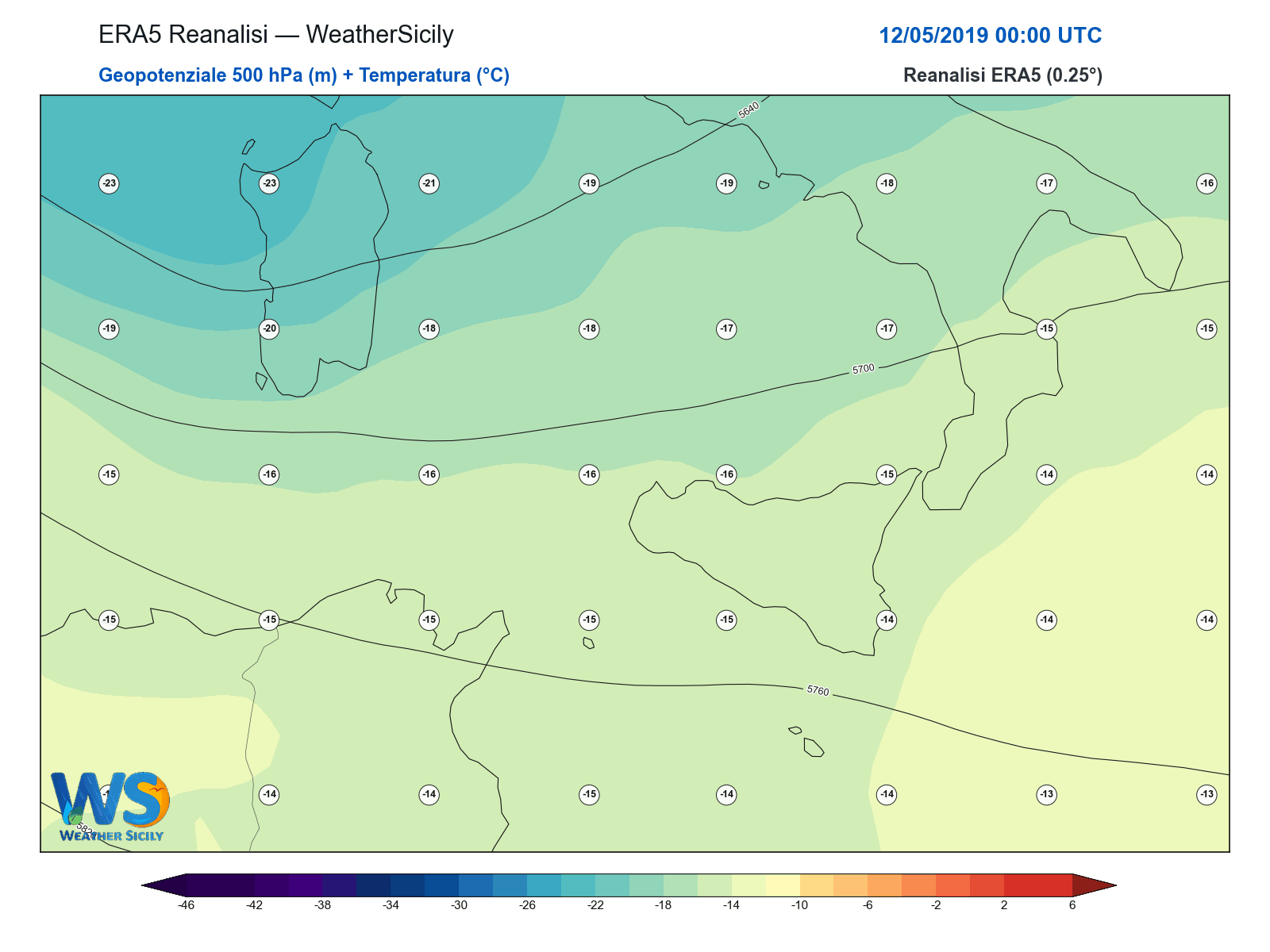 Geopotenziale 500 hPa + Temperatura · 2019051200