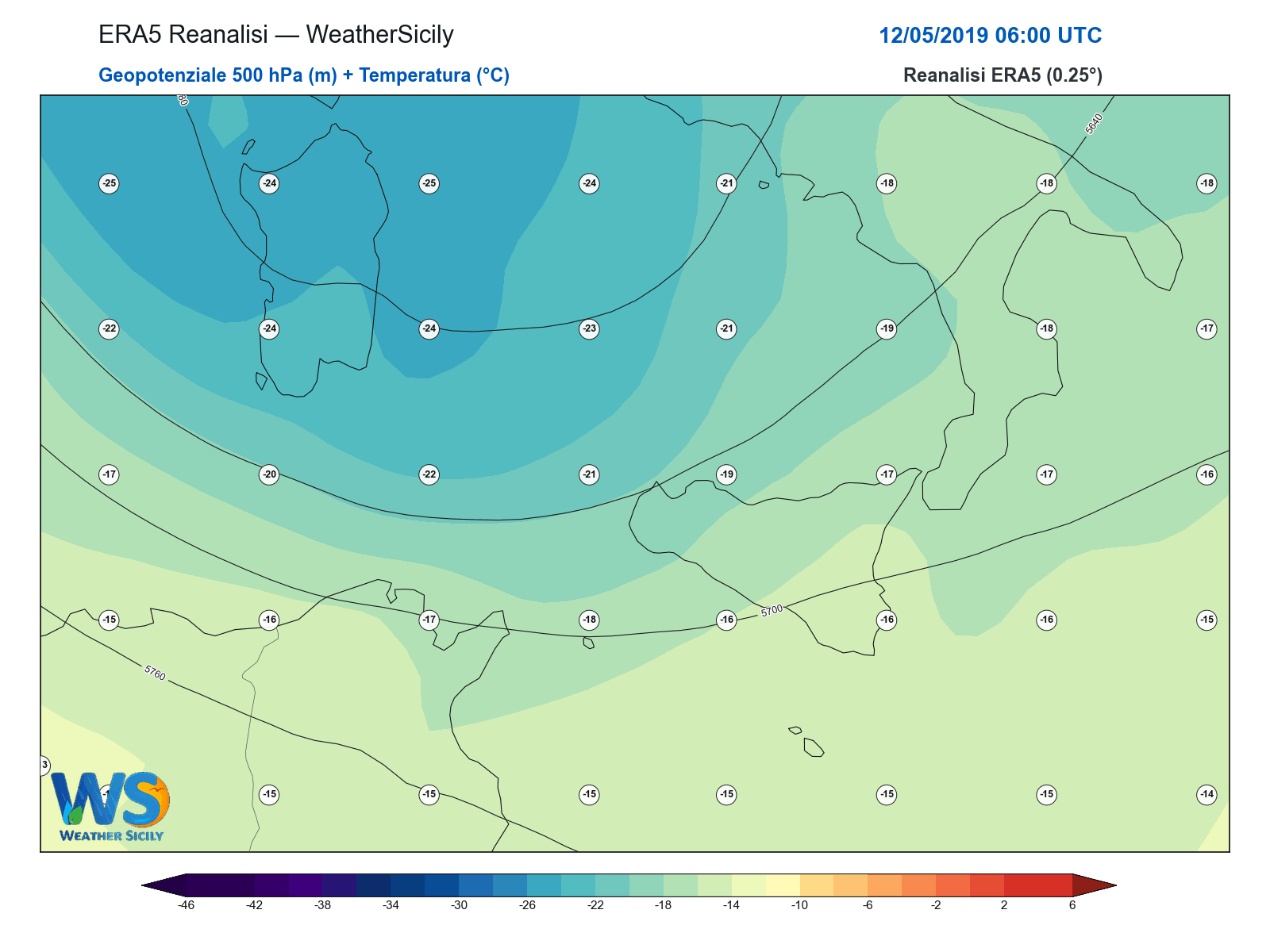 Geopotenziale 500 hPa + Temperatura · 2019051206