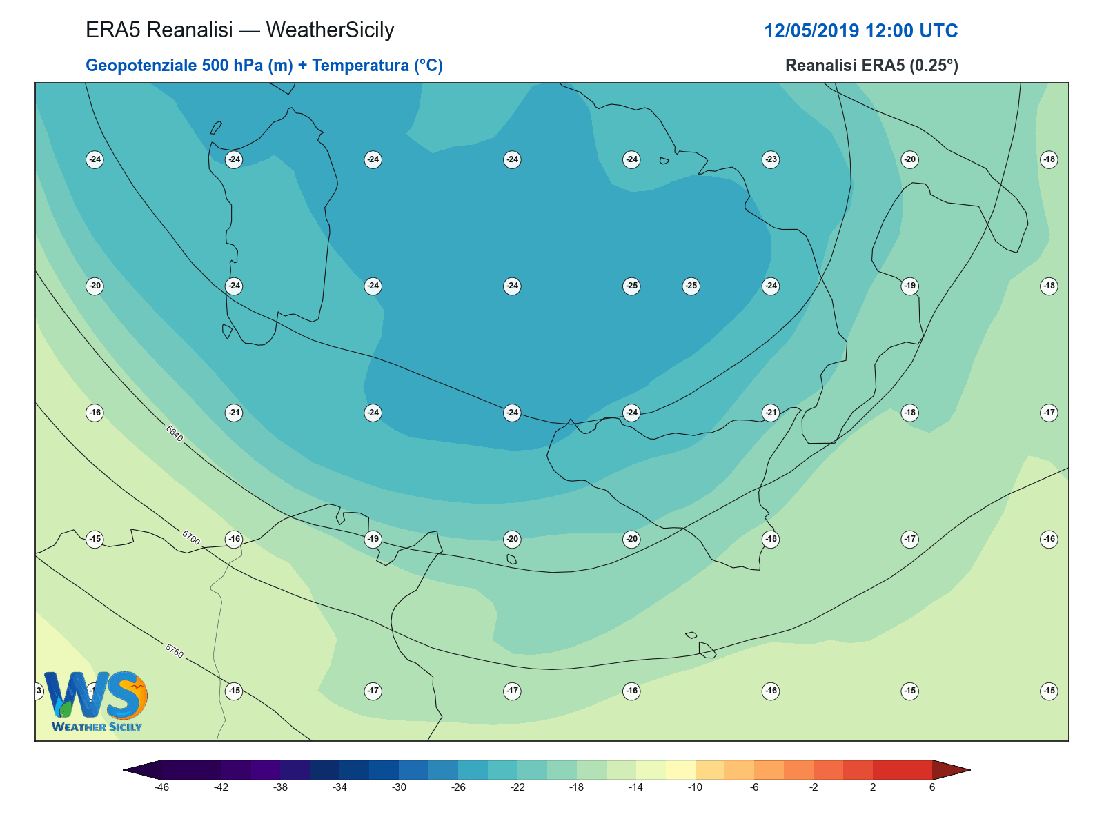Geopotenziale 500 hPa + Temperatura · 2019051212