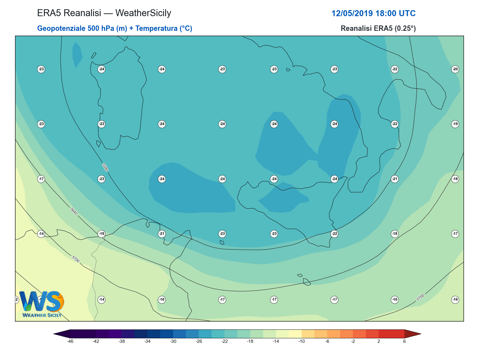 Geopotenziale 500 hPa + Temperatura · 2019051218