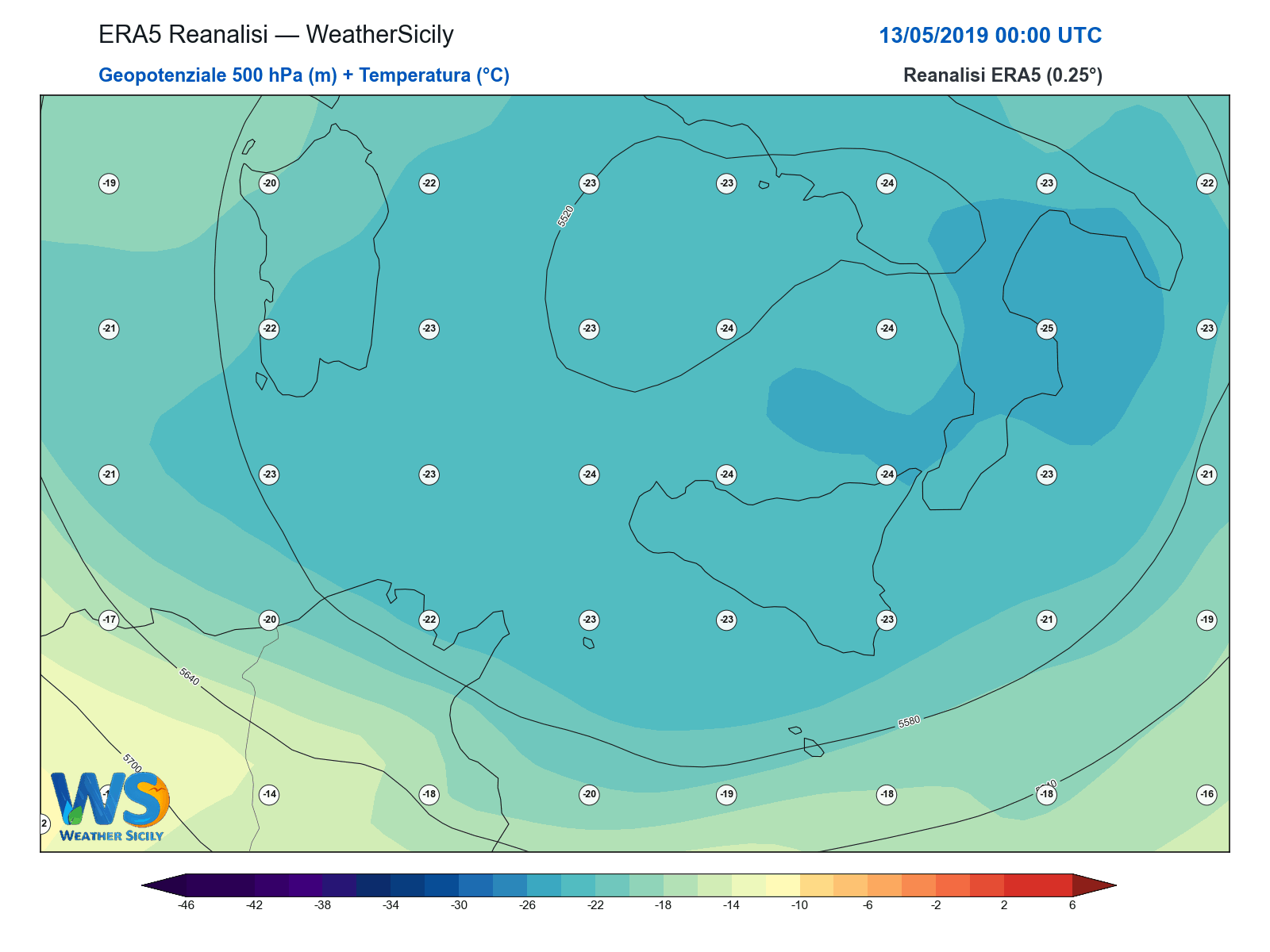 Geopotenziale 500 hPa + Temperatura · 2019051300