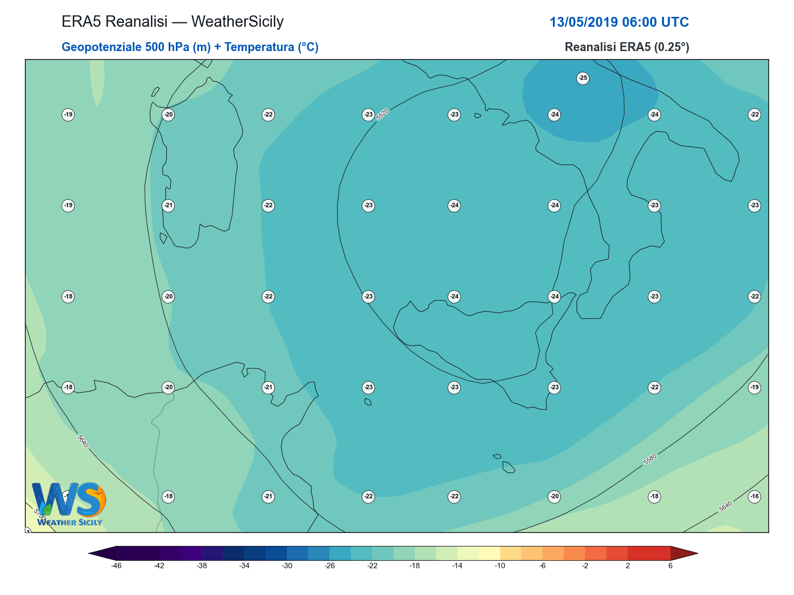 Geopotenziale 500 hPa + Temperatura · 2019051306