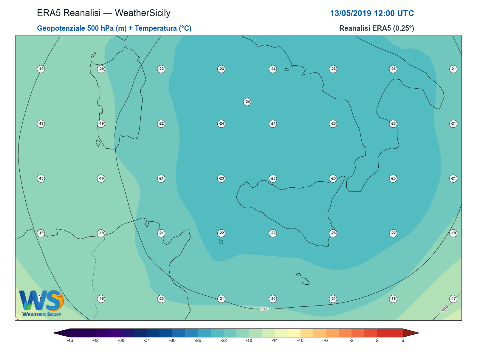 Geopotenziale 500 hPa + Temperatura · 2019051312